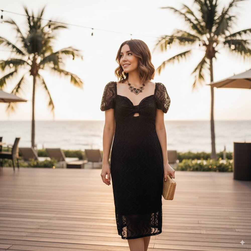 BELLEVUE THE LABEL Raven Lace Midi Dress in Black Size Small NWT